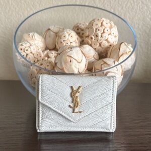 Saint Laurent White Quilted Leather Compact Wallet with Gold YSL Emblem